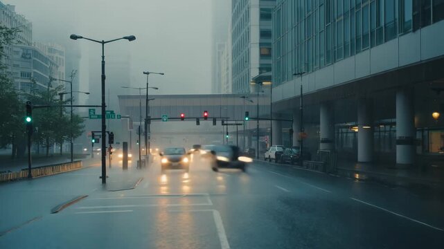 raining city street scene