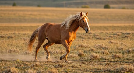 Fototapeta premium Majestic chestnut horse with flowing mane gallops powerfully through sun-drenched golden prairie kicking up dust in a breathtaking display of freedom and wild spirit.