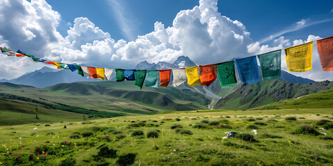 Colorful prayer flags flutter gently in the wind across a vast, green mountain landscape under a bright blue sky with dramatic clouds.