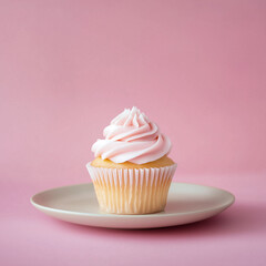 Vanilla cupcake with pink buttercream swirl on a plate against a pastel pink background.
