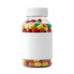 Clear bottle of colorful pills with blank label isolated PNG with Transparent Background