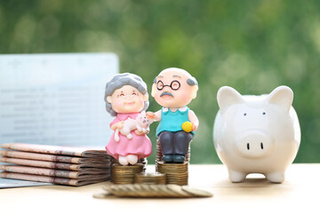 Mutual fund,Love couple senior and piggy bank with stack of coins money on natural green background, Save money for prepare in future and pension retirement concept