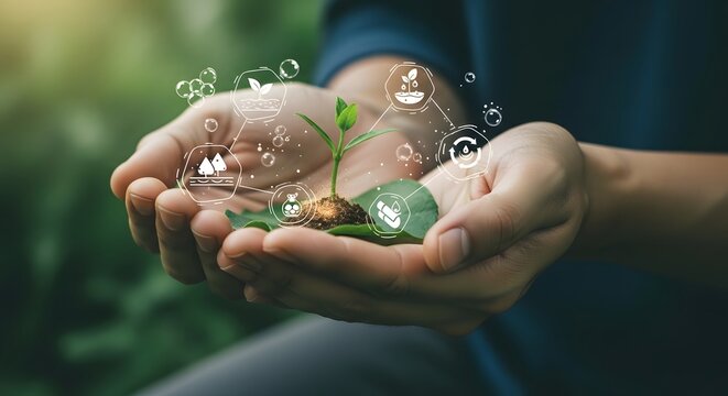 Human hands nurturing a small plant sprout with glowing technology icons, representing a concept for sustainable development, ESG, and green business growth