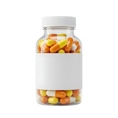 Bottle of colorful capsules for medicine or supplement product mock-up isolated PNG with Transparent Background