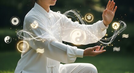A woman in white practices Tai Chi, surrounded by glowing symbols representing the five elements and Yin Yang, concept of harmony and spiritual energy