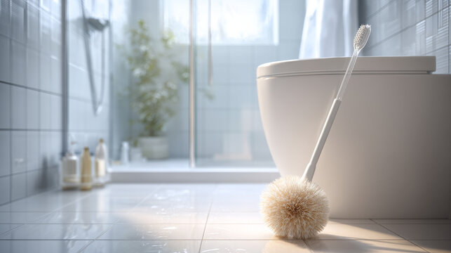 A bright, modern bathroom scene with sleek tiles, a glass shower enclosure - Powered by Adobe