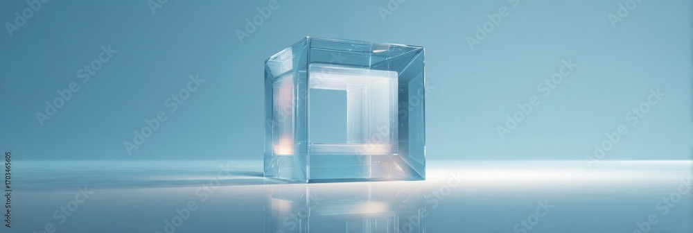 Poster clear glass cube reflecting light in a minimalistic setting with soft blue background in a modern de