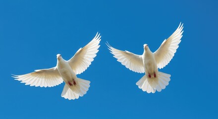Obraz premium Two majestic white doves soar gracefully against a clear blue sky, symbolizing peace, hope, and freedom in a serene, uplifting moment.