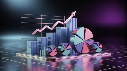 Business Analytics Graph Overlay with 3D Charts and Data Visuals
