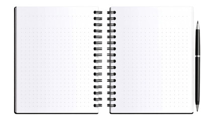 Open spiral-bound notebook with dotted grid pages and pen