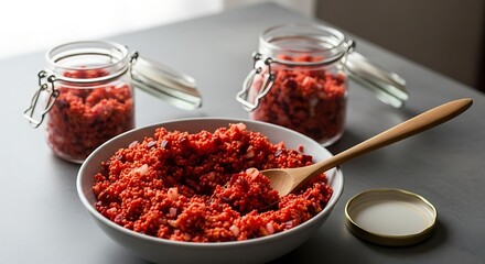 Red chunky relish in glass jars and bowl, ready to eat.