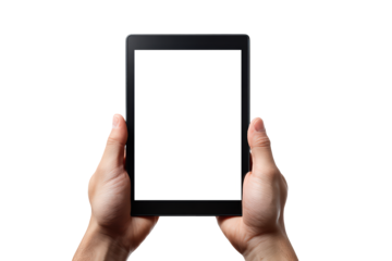 Hands holding tablet blank screen technology device, isolated on transparent background, perfect cutout, PNG