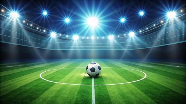 A lone soccer ball rests in the center of a brightly lit stadium, ready for the thrill of the game