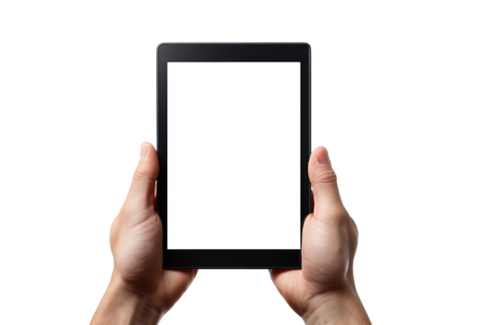 Hands holding tablet blank screen technology device, isolated on transparent background, perfect cutout, PNG