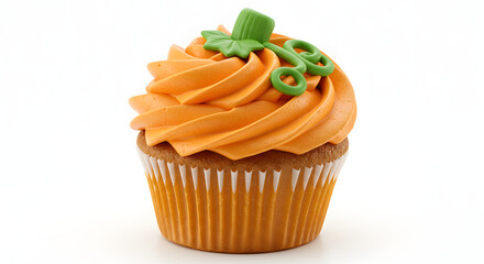 Festive Pumpkin Cupcake with Orange Frosting and Green Decorations.
