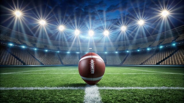 A solitary football rests at midfield in a brilliantly lit stadium, ready for the upcoming game.