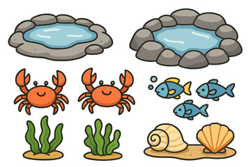 Fototapeta premium Cartoon crabs and fish in water pools with seashells and seaweed