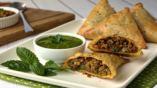 traditional keema samosa with fresh mint chutney indian food snack video 