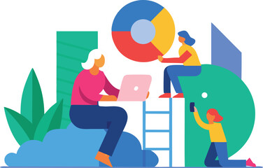 People collaborating around a pie chart and laptop on white background illustration collaboration