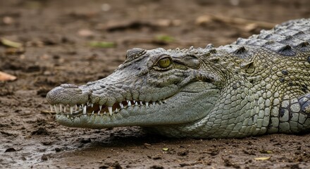 Fototapeta premium Intense gaze of a powerful crocodile with sharp teeth bared, resting on muddy terrain, showcasing its scaly, textured skin and primal nature