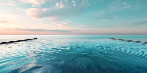 Serene infinity pool overlooking a calm ocean at sunset with pastel sky