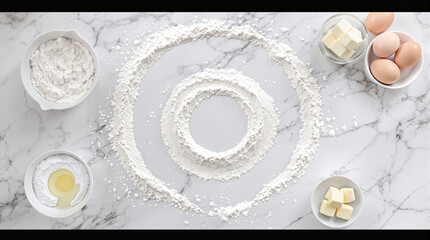 Baking Ingredients Overhead with Flour Circle Design on Marble