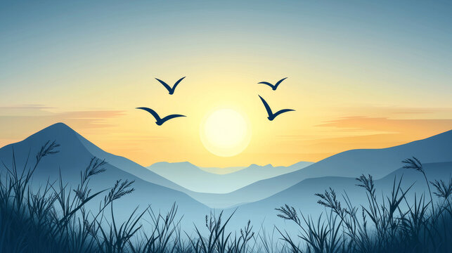 Serene sunrise over layered mountains, birds in flight