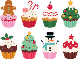 Christmas Cupcakes Illustration &ndash; Cute Holiday Desserts with Santa Hat, Snowman, Christmas Tree, Gingerbread Man, and Sugar Cream Toppings, Winter Sweets Vector for Cards, Prints, Web, and Creative De