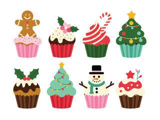 Christmas Cupcake Vector Pack &ndash; Sweet Festive Muffins, Winter Dessert Designs with Santa Hat, Snowman, Tree, Gingerbread Man, Holiday Icing, Food Illustration for Posters, Branding, and Seasonal Proje