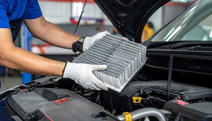 Mechanic replacing a car air filter
