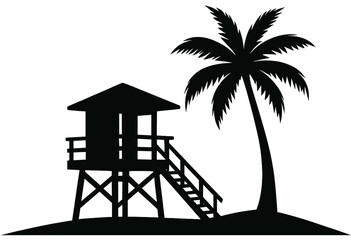 Lifeguard Tower and Palm Tree Beach Silhouette Vector