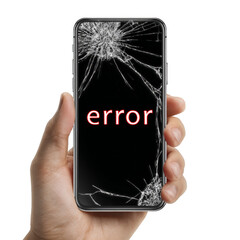 A hand holding a phone with the word "error" written on it