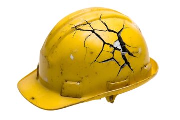 A worn yellow construction helmet with a visible crack, highlighting the importance of safety equipment on job sites. A symbol of construction challenges.