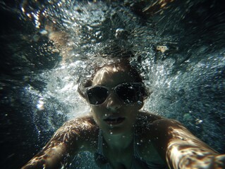 Young woman swimming underwater with sunglasses