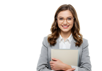Smiling Businesswoman in a Gray Suit Holding Documents on a White Background