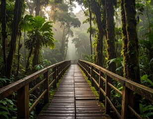 Obraz premium Mystical wooden bridge extending into the verdant depths of a tropical rainforest