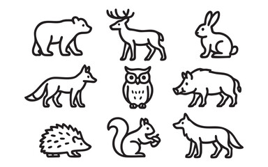 A set of icons featuring eight wild animals rendered in black and white with outline lines: a bear, a deer, a hare, a fox, an owl, a wild boar, a hedgehog, a squirrel, and a wolf.