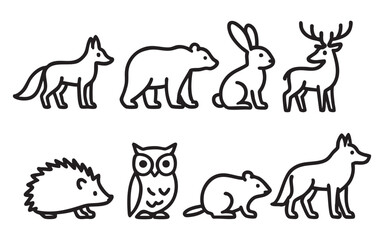 A set of seven wild animal icons in black and white with outline lines: fox, bear, hare, deer, hedgehog, owl, and wolf.