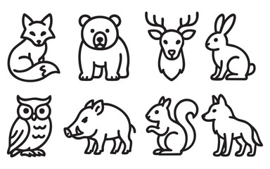 8 black and white linear icons (silhouettes) in a minimalist style, related to the theme of forest and wild animals