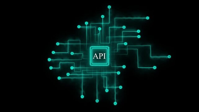 Application Programming Interface API circuit board concept with glowing teal lines and nodes on black background