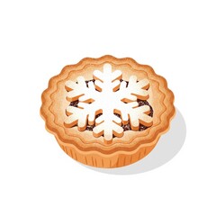 Golden Mince Pie Topped with Powdered Sugar Snowflake Decoration on White