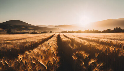 Warm golden wheat field and hills, sunset rural countryside, harvest season atmosphere, farming