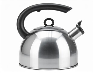 Fototapeta premium Silver Metal Kettle with Black Handle Isolated on White Background in Studio Lighting