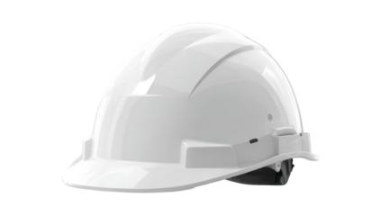 A white hard hat designed for safety in construction and industrial environments. Ideal for protecting the head from potential hazards on-site.