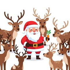 Festive Santa Claus Holding Carrots Surrounded by Reindeer on White Background
