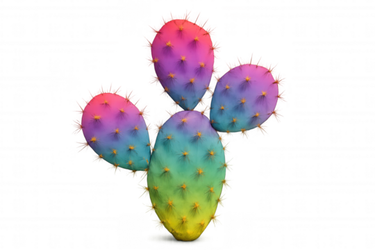Colorful rainbow cactus 3d rendering, vibrant botanical design floating against transparent backdrop