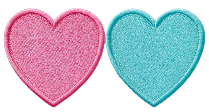 Two soft, plush heart shapes, one pink and one blue, featuring vivid colors and a textured surface, perfect for romantic or playful designs.