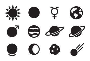 A set of 12 monochrome line icons (in minimal line art style) illustrating elements of space, astronomy, and celestial bodies. © Dima