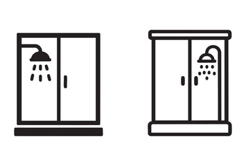 Two icons depicting shower stalls. Both icons show a closed stall with a door and a shower head from which water is pouring.