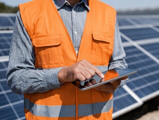 Close-up of a worker in an orange safety vest using a digital tablet at a solar power field, inspecting renewable energy systems.
